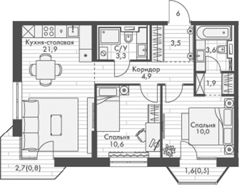 Планировка — Фриссон, 3-комн., 61 м²