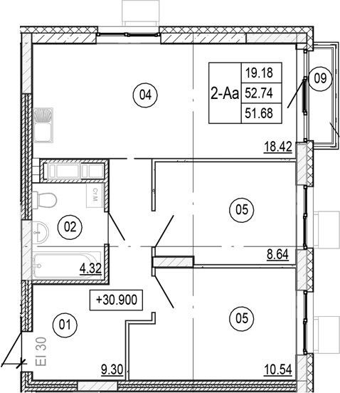 Планировка — Progress Академический, 3-комн., 52 м²