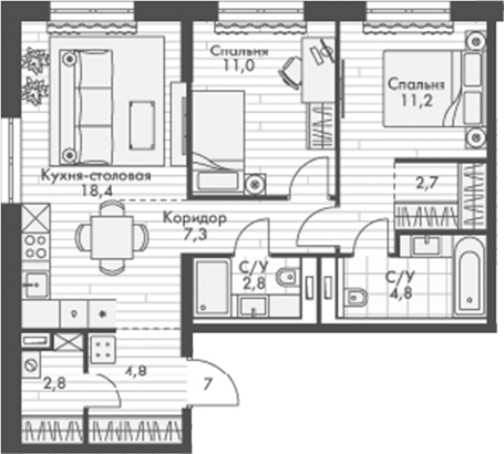 Планировка — Фриссон, 3-комн., 66 м²