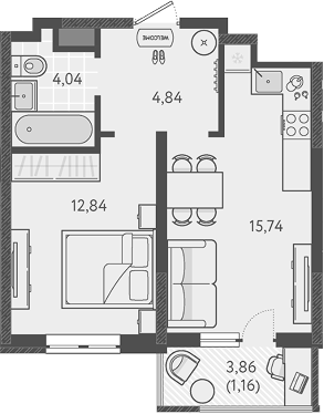 Планировка — Теплые края, 1-комн., 37 м²