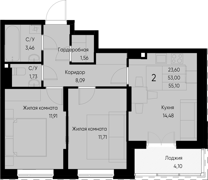 Планировка — Васильевский остров, 2-комн., 53 м²