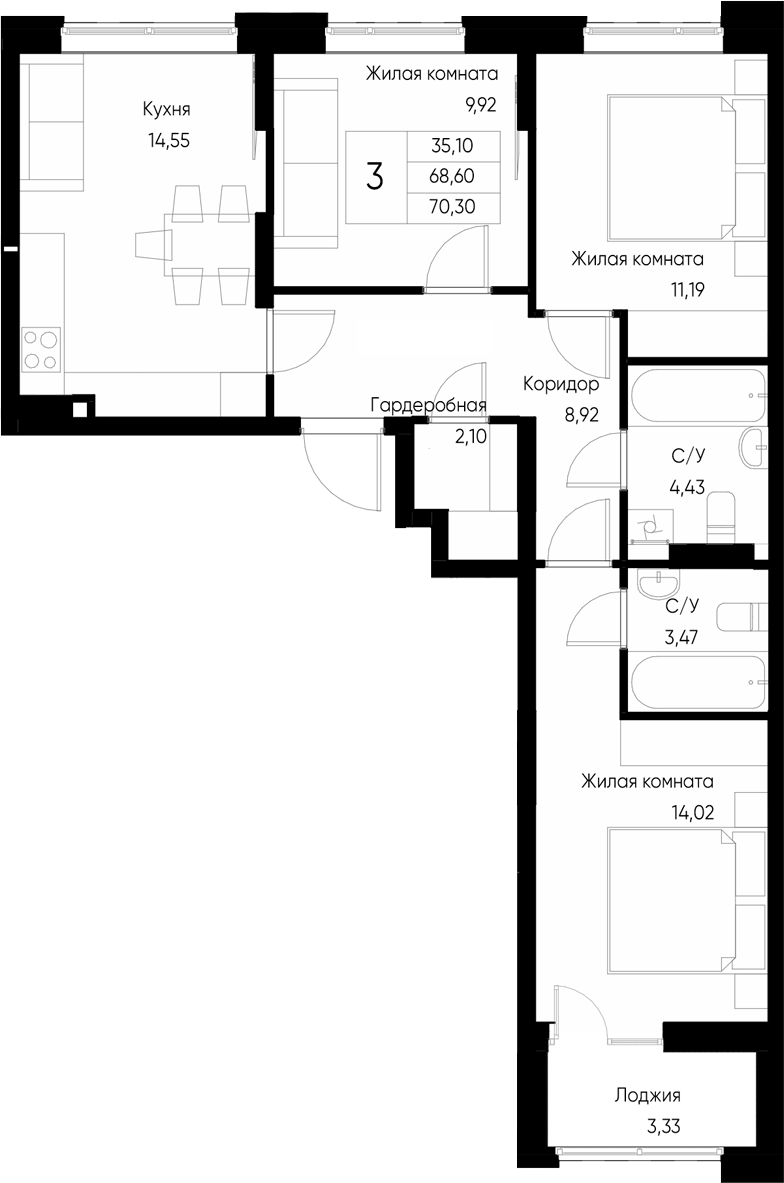 Планировка — Васильевский остров, 3-комн., 69 м²