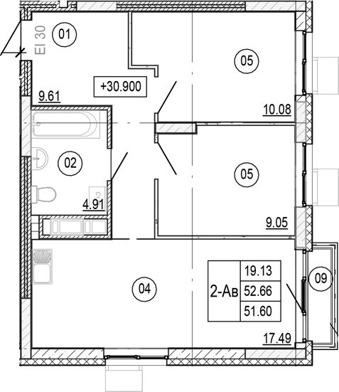 Планировка — Progress Академический, 3-комн., 52 м²
