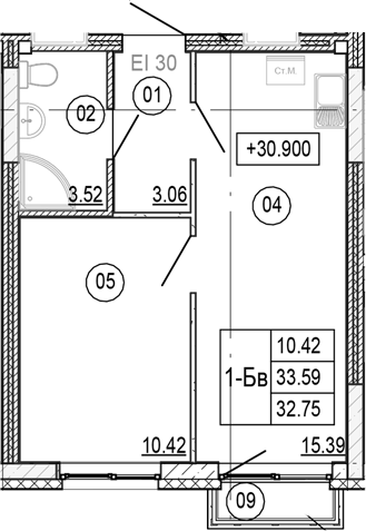 Планировка — Progress Академический, 2-комн., 33 м²