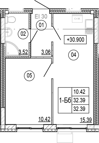 Планировка — Progress Академический, 2-комн., 32 м²