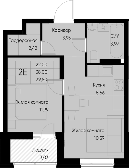 Планировка — Васильевский остров, 2-комн., 38 м²