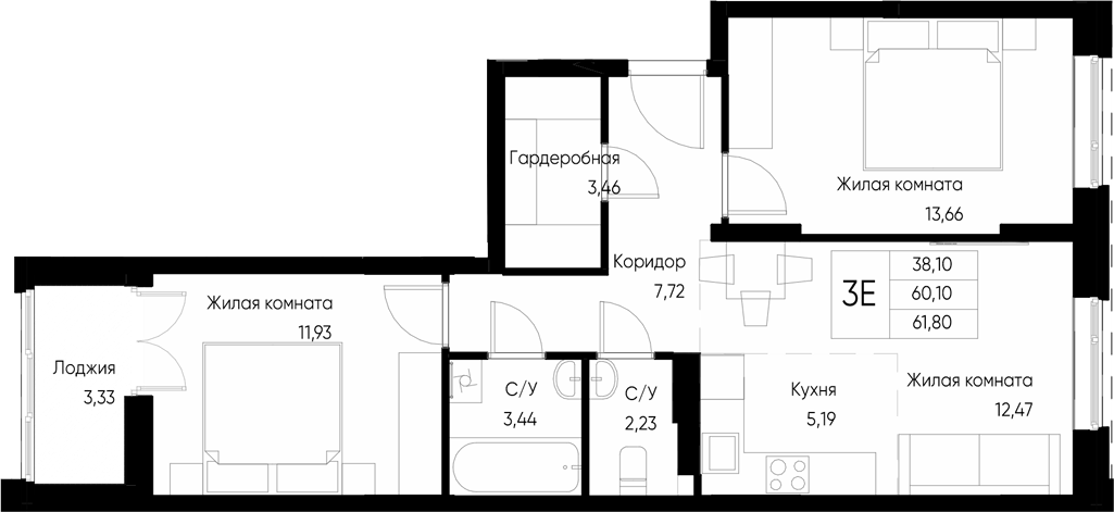 Планировка — Васильевский остров, 3-комн., 60 м²
