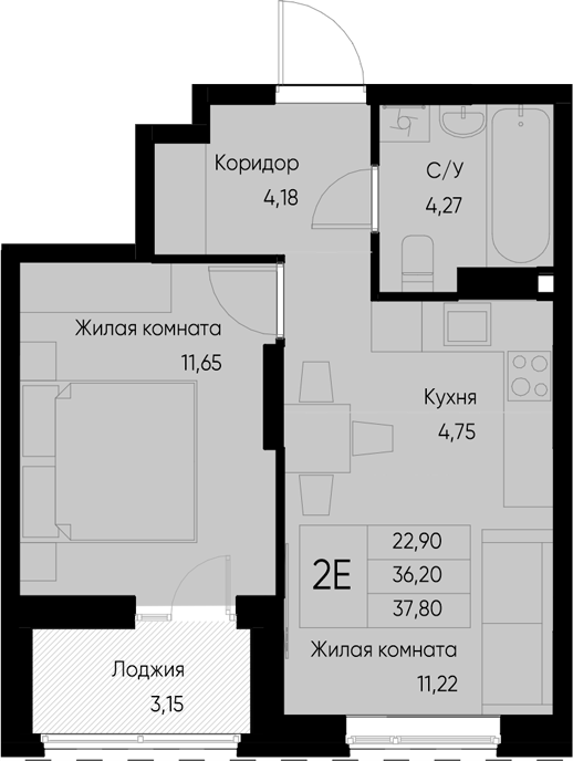 Планировка — Васильевский остров, 2-комн., 36 м²