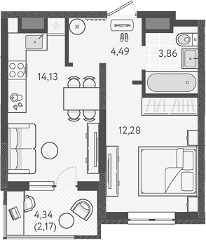 Планировка — Теплые края, 1-комн., 35 м²