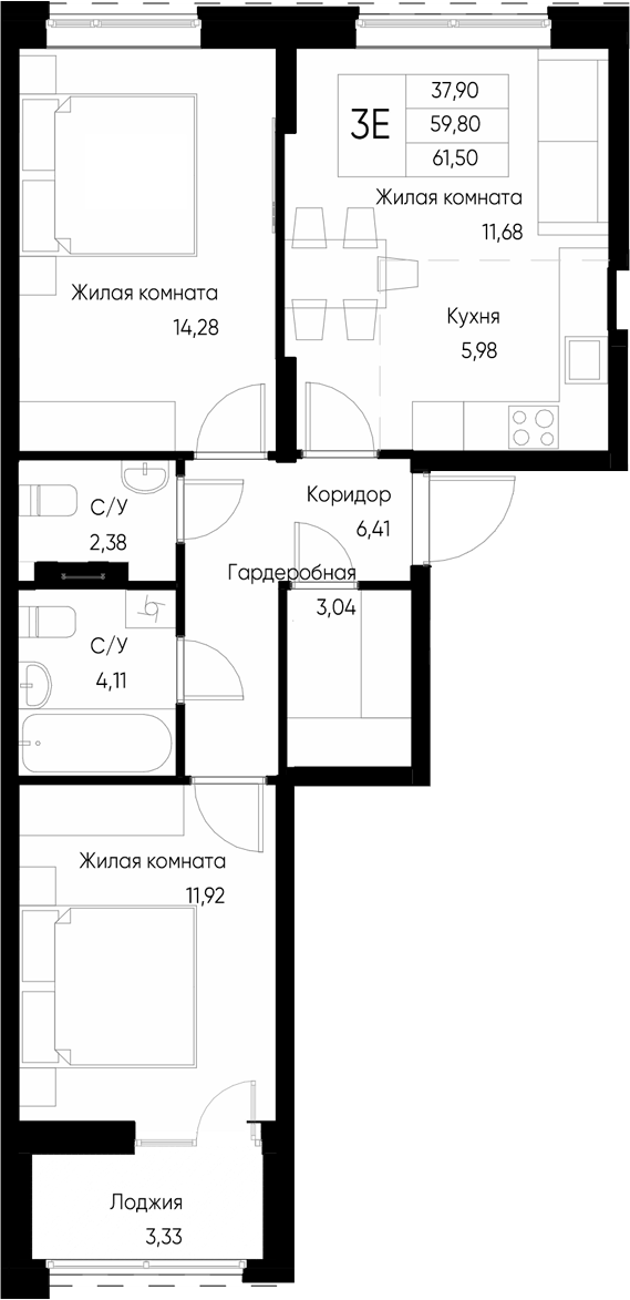 Планировка — Васильевский остров, 3-комн., 60 м²