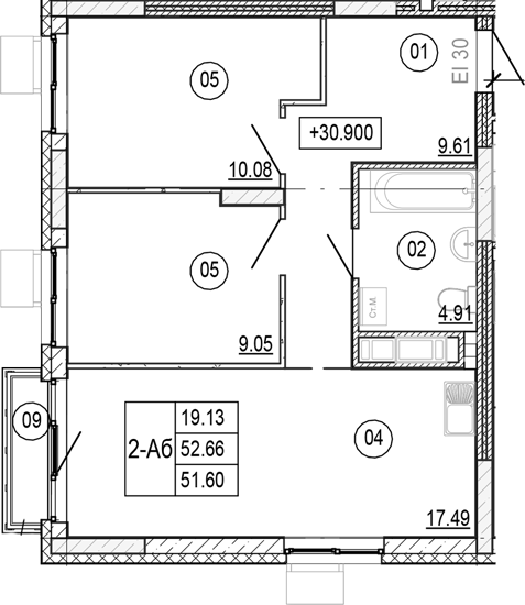 Планировка — Progress Академический, 3-комн., 52 м²