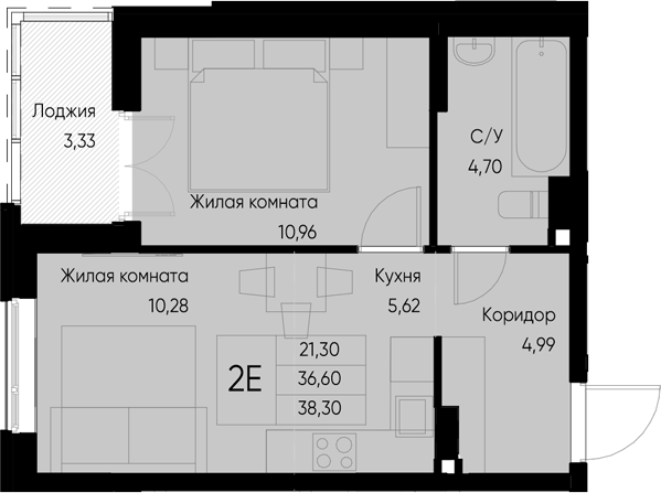 Планировка — Васильевский остров, 2-комн., 37 м²