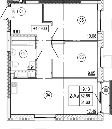 Планировка — Progress Академический, 3-комн., 52 м²
