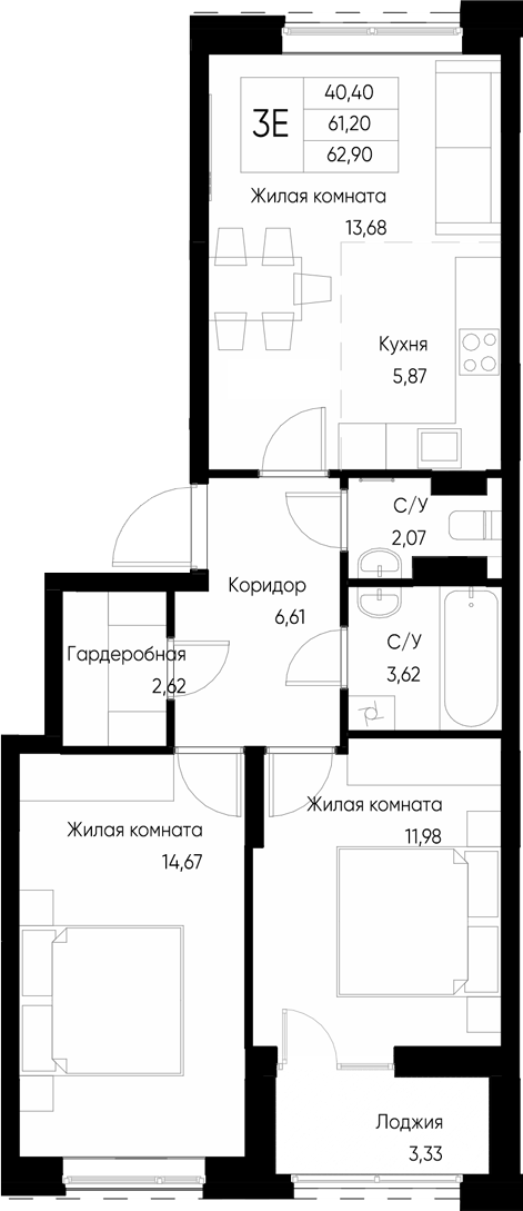Планировка — Васильевский остров, 3-комн., 61 м²