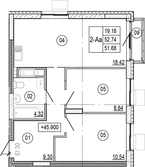 Планировка — Progress Академический, 3-комн., 52 м²