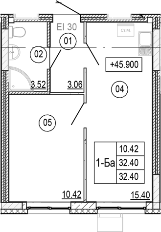 Планировка — Progress Академический, 2-комн., 32 м²