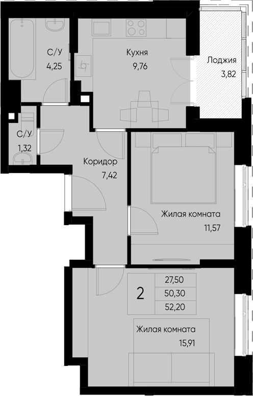 Планировка — Васильевский остров, 2-комн., 50 м²