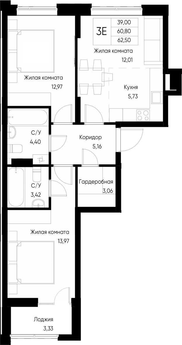 Планировка — Васильевский остров, 3-комн., 61 м²