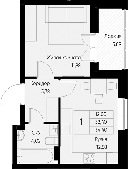 Планировка — Васильевский остров, 1-комн., 32 м²