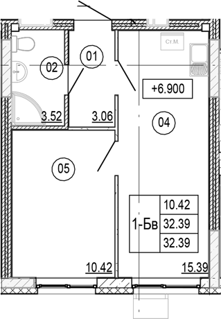 Планировка — Progress Академический, 2-комн., 32 м²