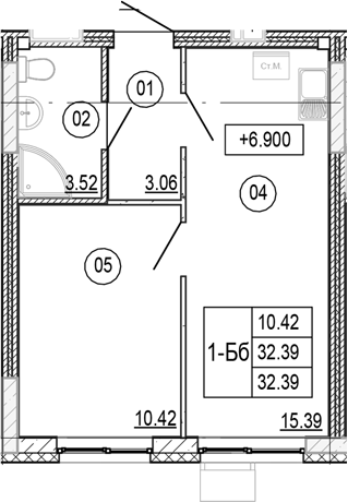 Планировка — Progress Академический, 2-комн., 32 м²
