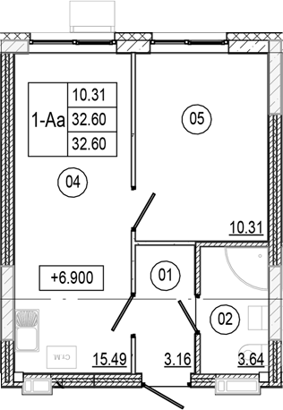 Планировка — Progress Академический, 2-комн., 33 м²
