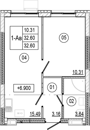Планировка — Progress Академический, 2-комн., 33 м²