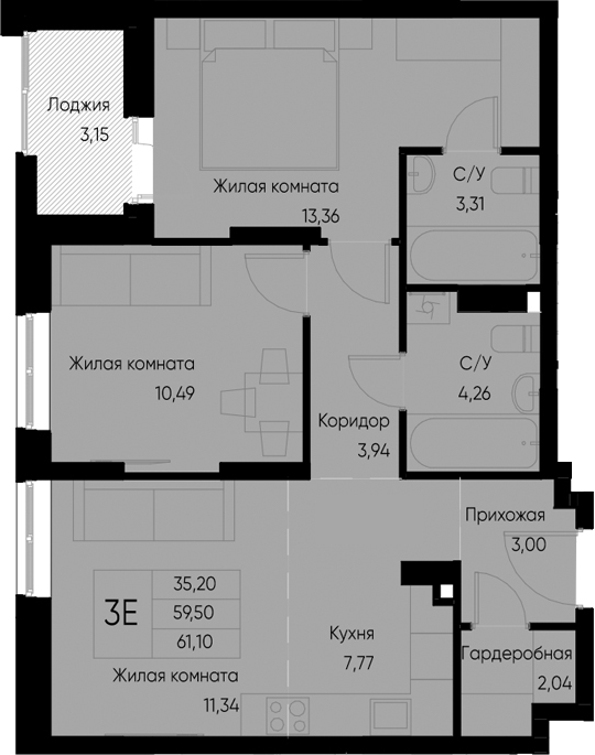 Планировка — Васильевский остров, 3-комн., 60 м²