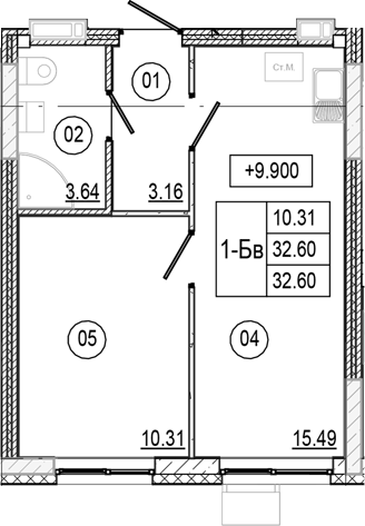 Планировка — Progress Академический, 2-комн., 33 м²