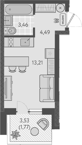 Планировка — Теплые края, Студия, 21 м²