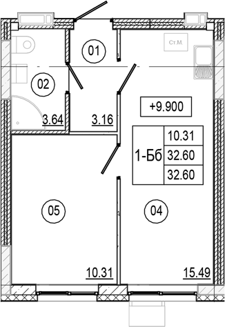 Планировка — Progress Академический, 2-комн., 33 м²