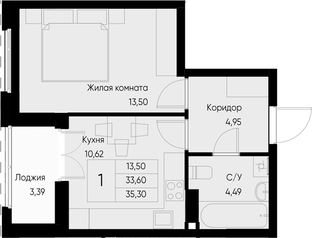 Планировка — Васильевский остров, 1-комн., 34 м²