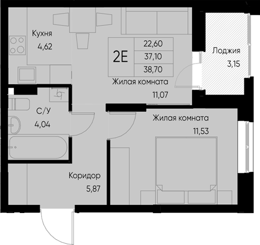Планировка — Васильевский остров, 2-комн., 37 м²