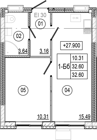 Планировка — Progress Академический, 2-комн., 33 м²