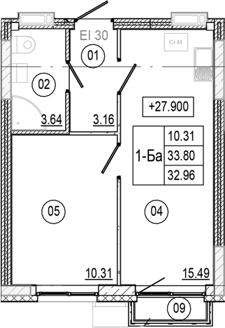 Планировка — Progress Академический, 2-комн., 33 м²