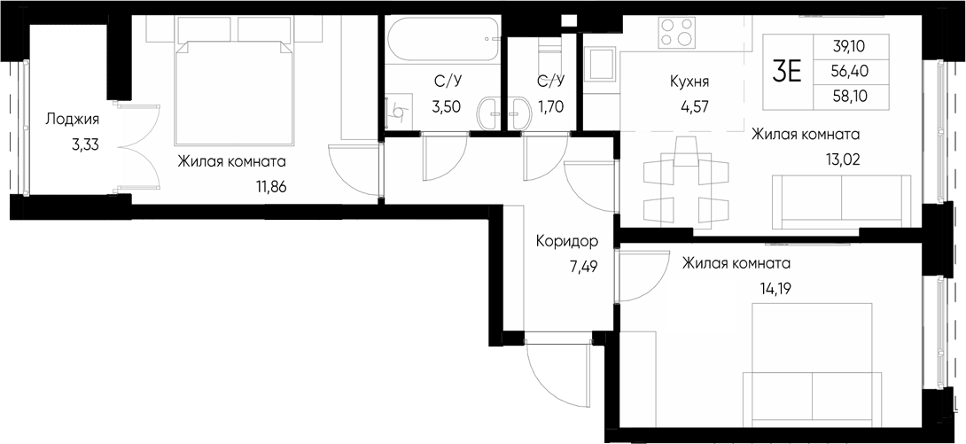 Планировка — Васильевский остров, 3-комн., 56 м²