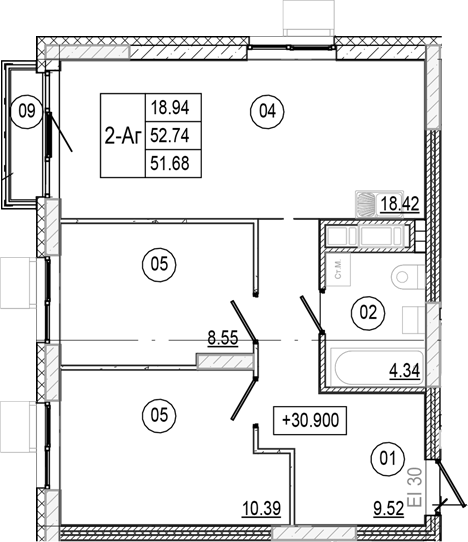 Планировка — Progress Академический, 3-комн., 52 м²
