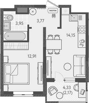 Планировка — Теплые края, 1-комн., 35 м²