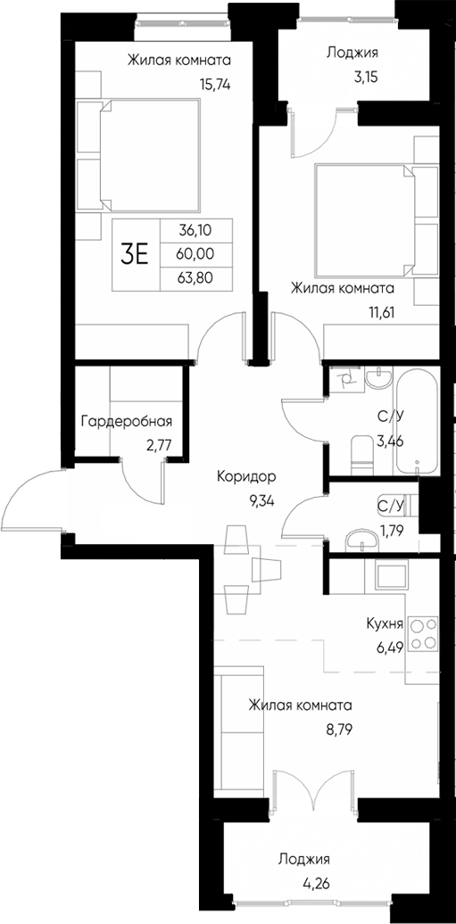 Планировка — Васильевский остров, 3-комн., 60 м²