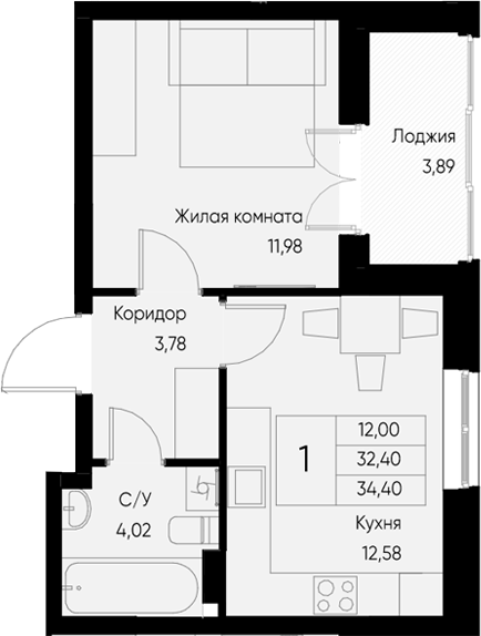 Планировка — Васильевский остров, 1-комн., 32 м²