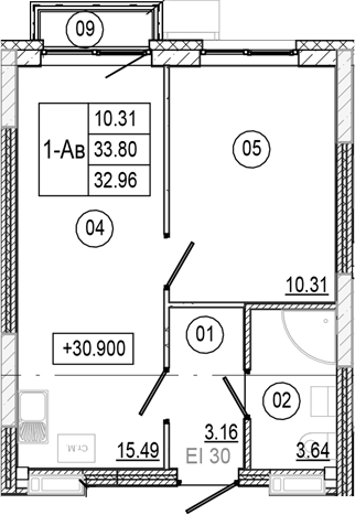 Планировка — Progress Академический, 2-комн., 33 м²