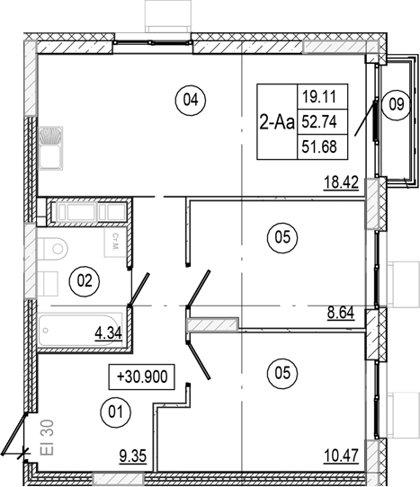 Планировка — Progress Академический, 3-комн., 52 м²