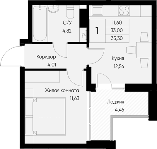 Планировка — Васильевский остров, 1-комн., 33 м²