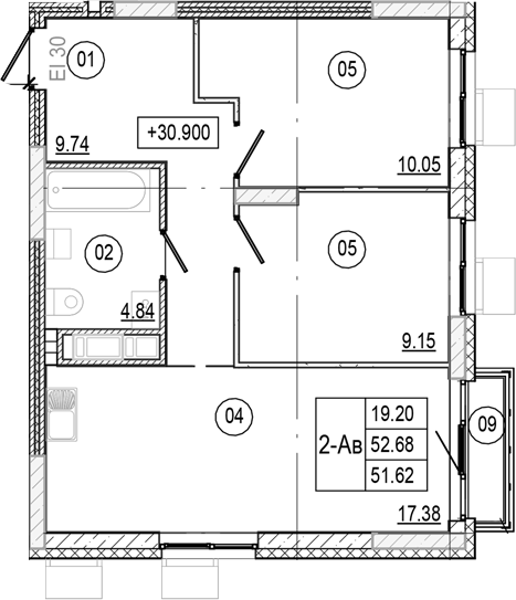 Планировка — Progress Академический, 3-комн., 52 м²