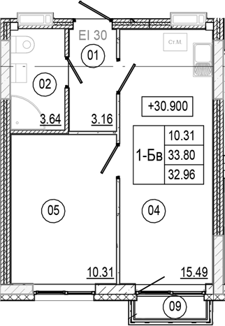 Планировка — Progress Академический, 2-комн., 33 м²