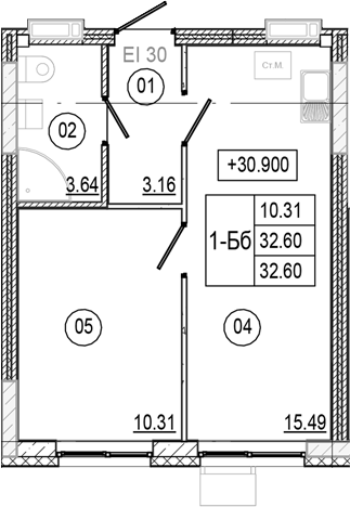 Планировка — Progress Академический, 2-комн., 33 м²