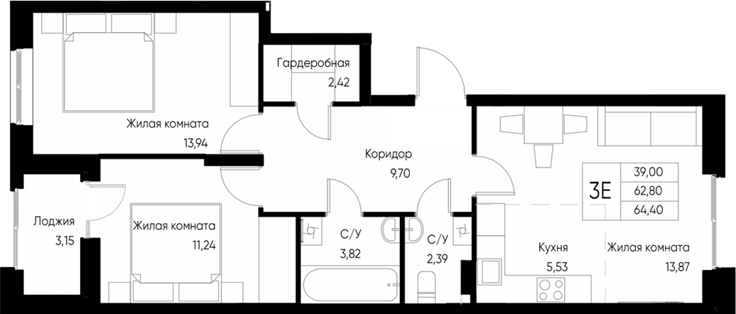 Планировка — Васильевский остров, 3-комн., 63 м²