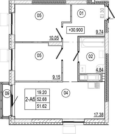Планировка — Progress Академический, 3-комн., 52 м²