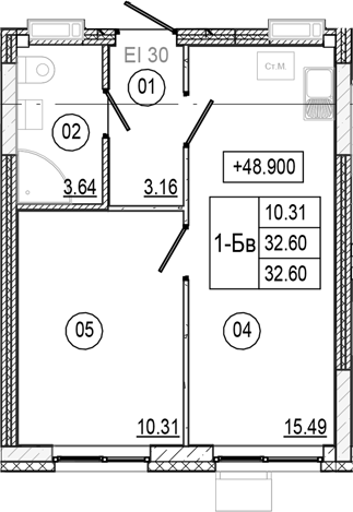 Планировка — Progress Академический, 2-комн., 33 м²