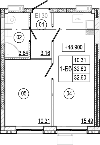 Планировка — Progress Академический, 2-комн., 33 м²